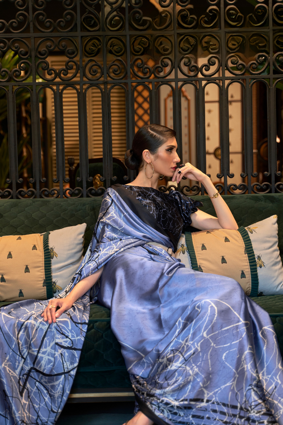 Printed Japan Satin Creep Saree with Elegant Flowing Drape