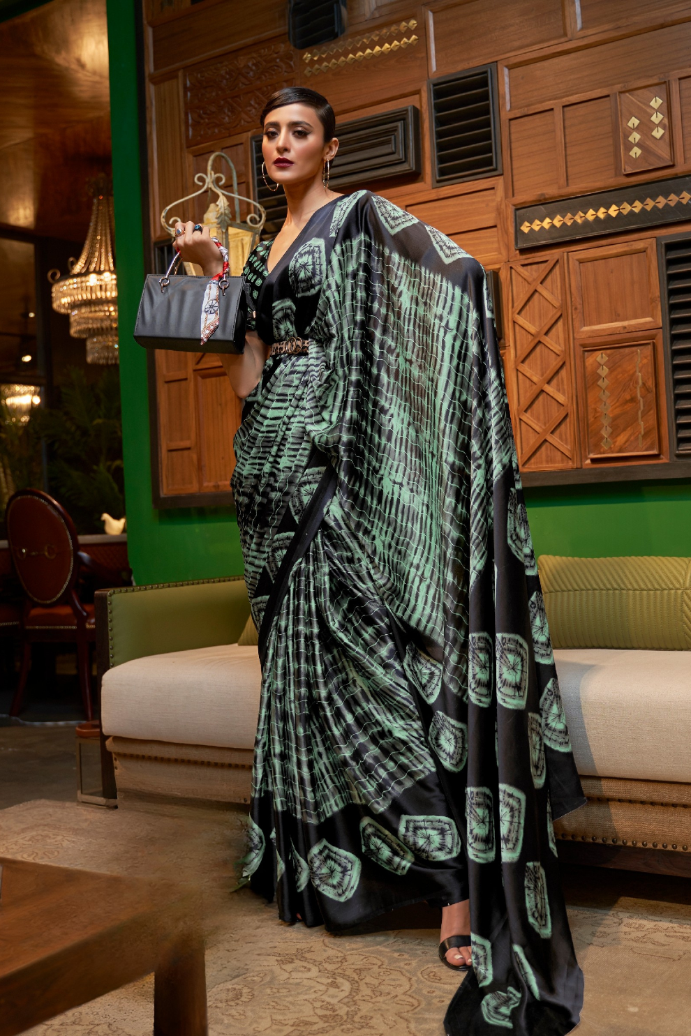 Printed Japan Satin Creep Saree with Elegant Flowing Drape