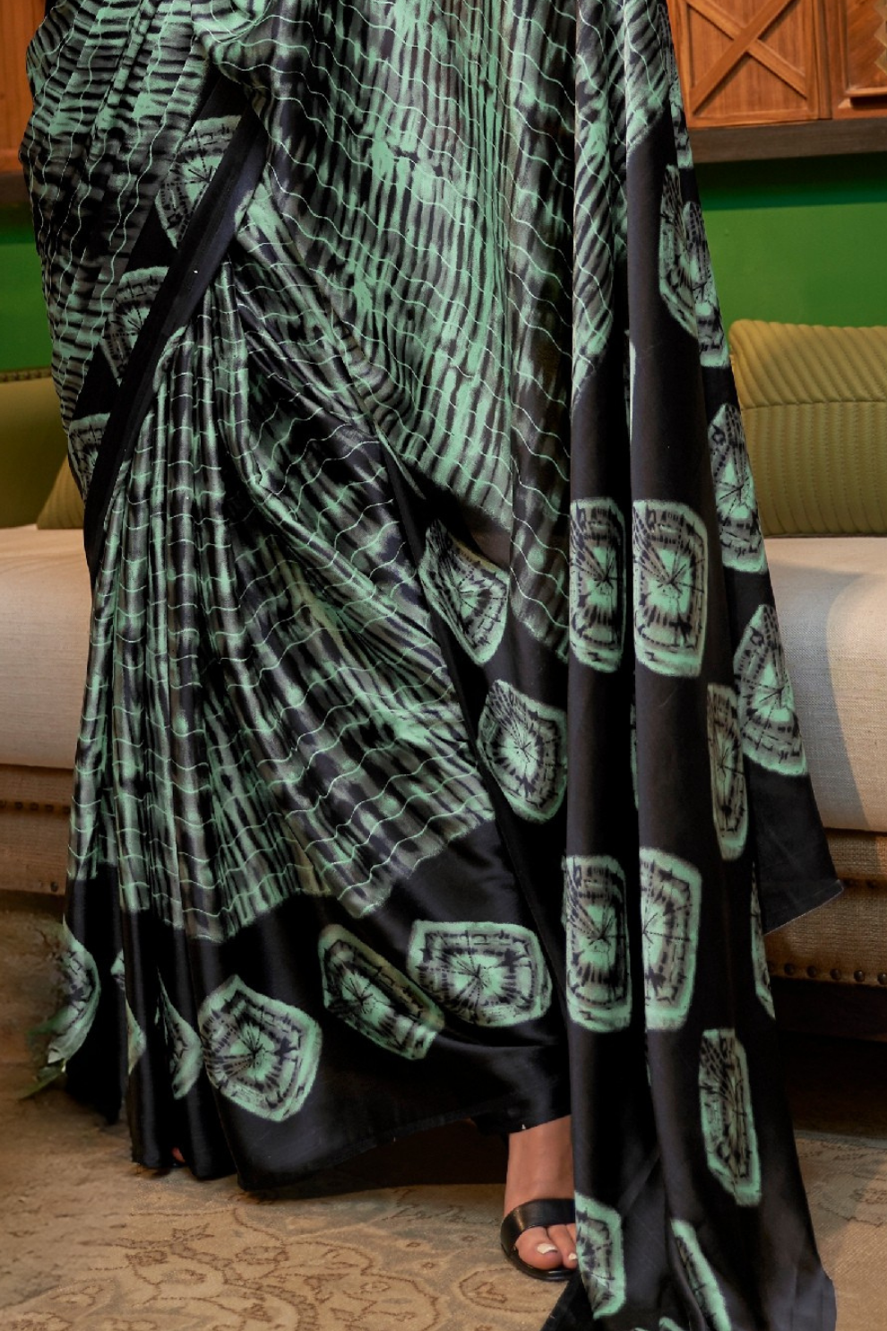Printed Japan Satin Creep Saree with Elegant Flowing Drape