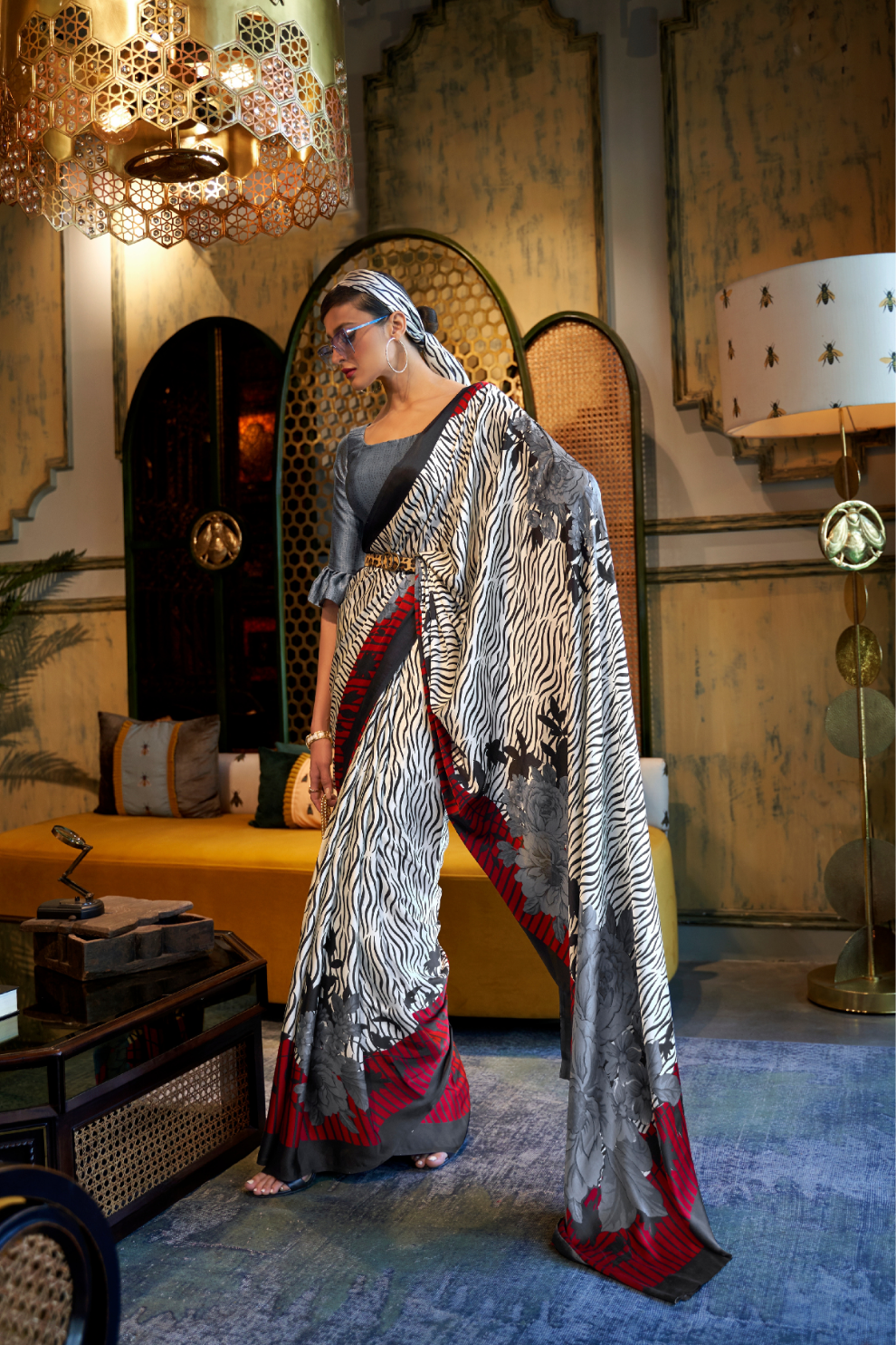 Printed Japan Satin Creep Saree with Elegant Flowing Drape