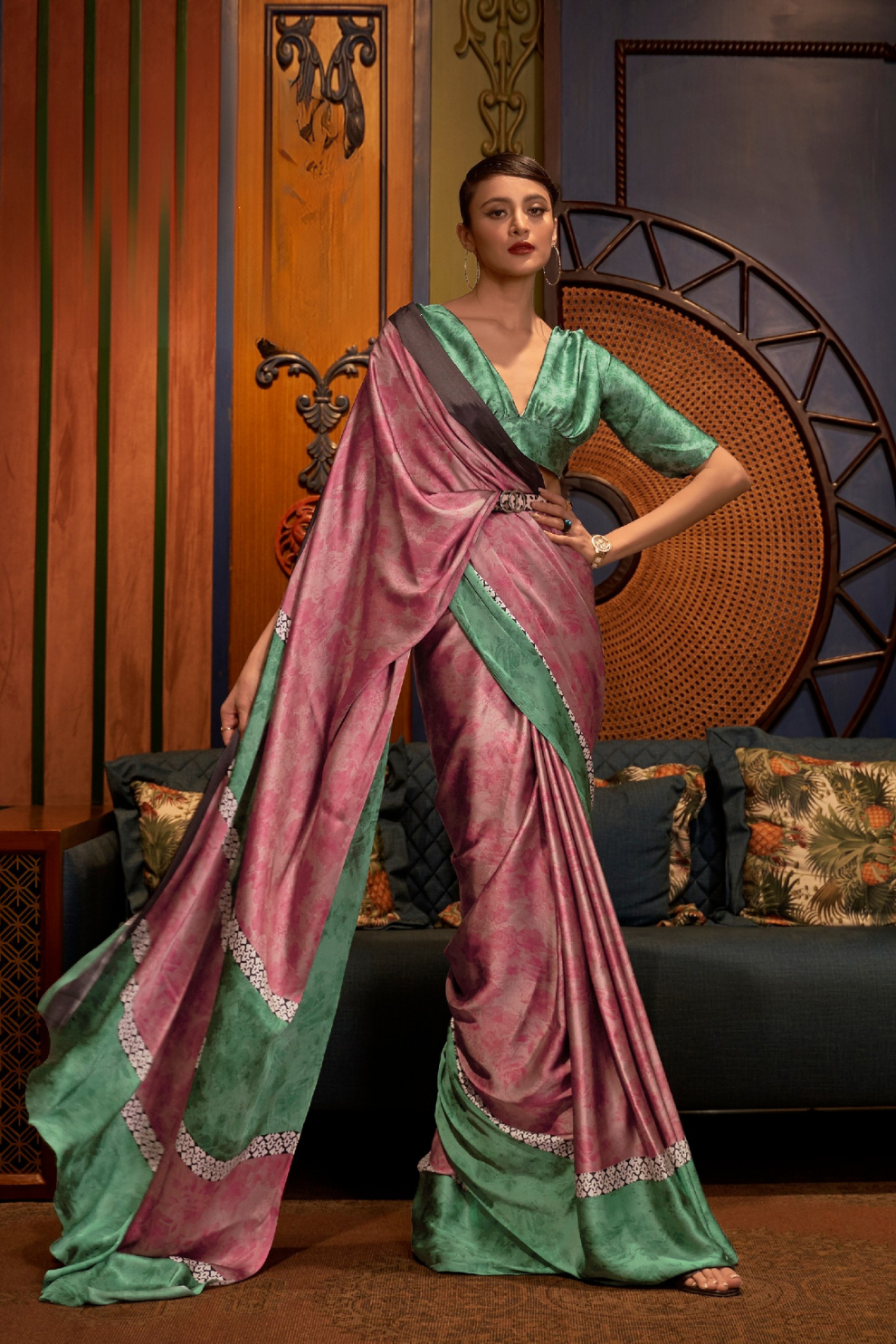 Printed Japan Satin Creep Saree with Elegant Flowing Drape