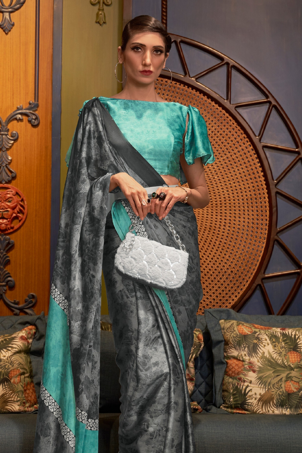 Printed Japan Satin Creep Saree with Elegant Flowing Drape