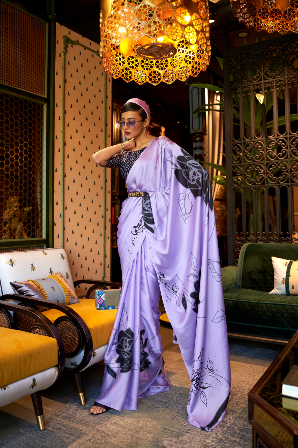 Printed Japan Satin Creep Saree with Elegant Flowing Drape