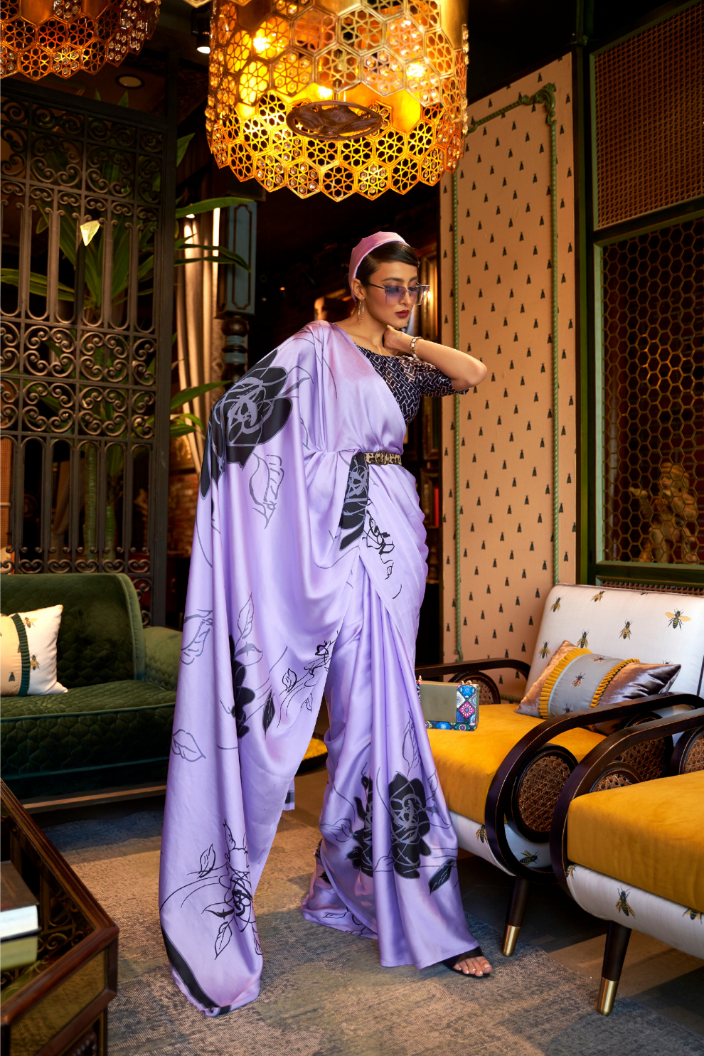 Printed Japan Satin Creep Saree with Elegant Flowing Drape