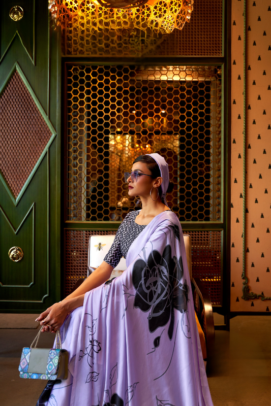 Printed Japan Satin Creep Saree with Elegant Flowing Drape