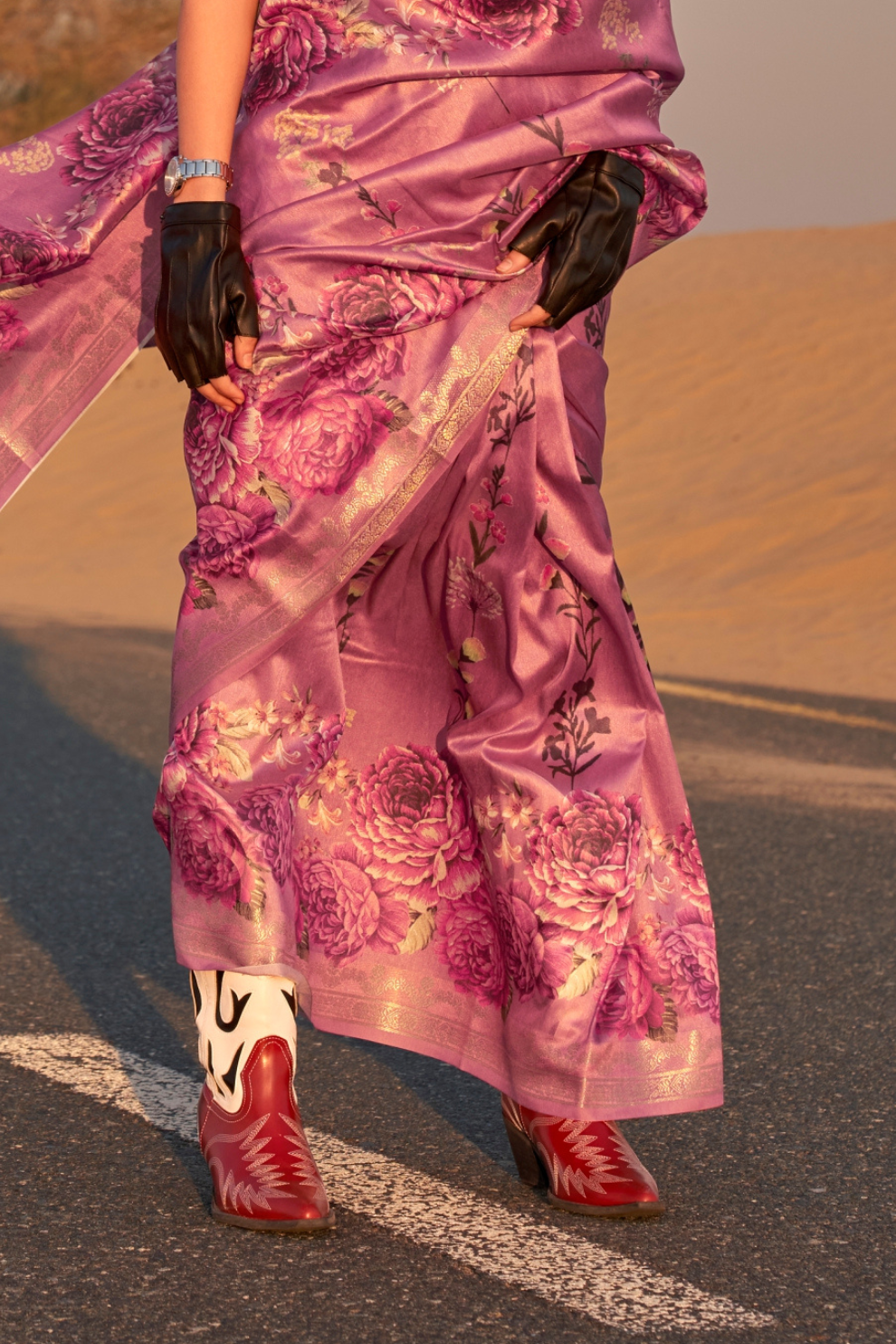 Printed Tussar Silk Saree with Elegant Artistic Patterns