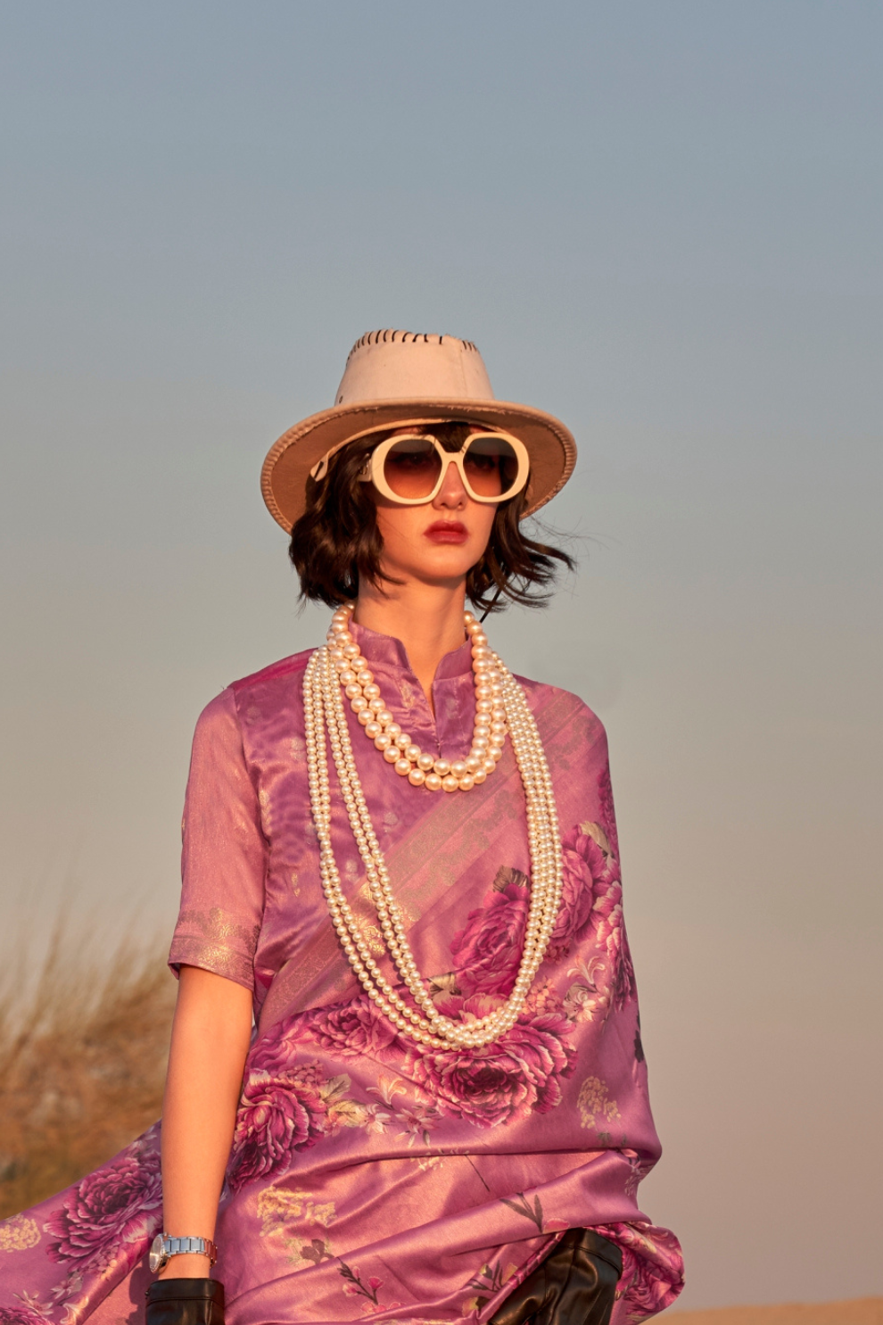 Printed Tussar Silk Saree with Elegant Artistic Patterns