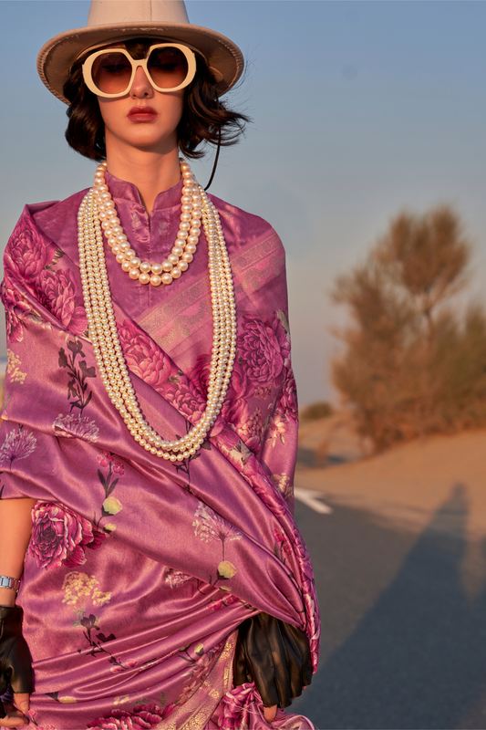 Printed Tussar Silk Saree with Elegant Artistic Patterns