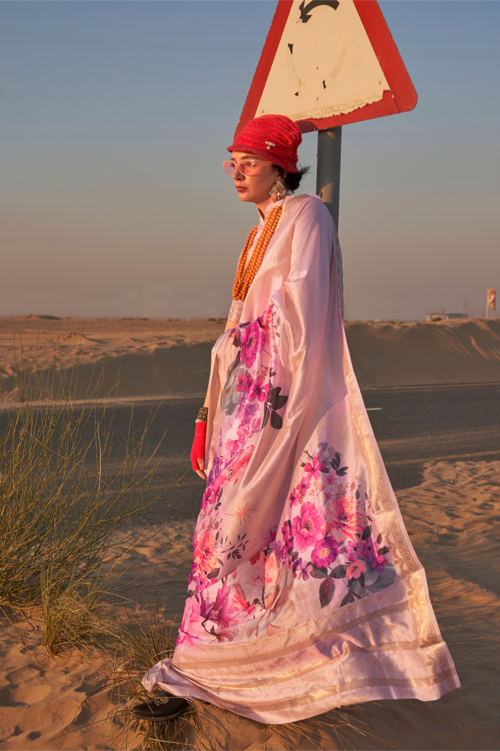 Printed Tussar Silk Saree with Elegant Artistic Patterns