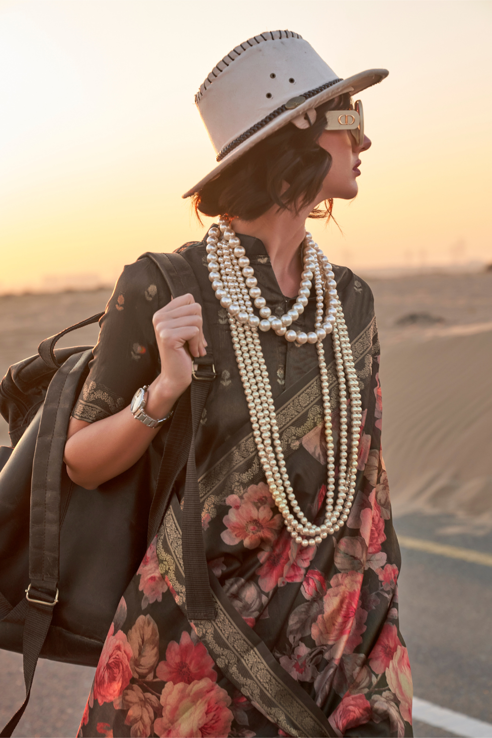 Printed Tussar Silk Saree with Elegant Artistic Patterns