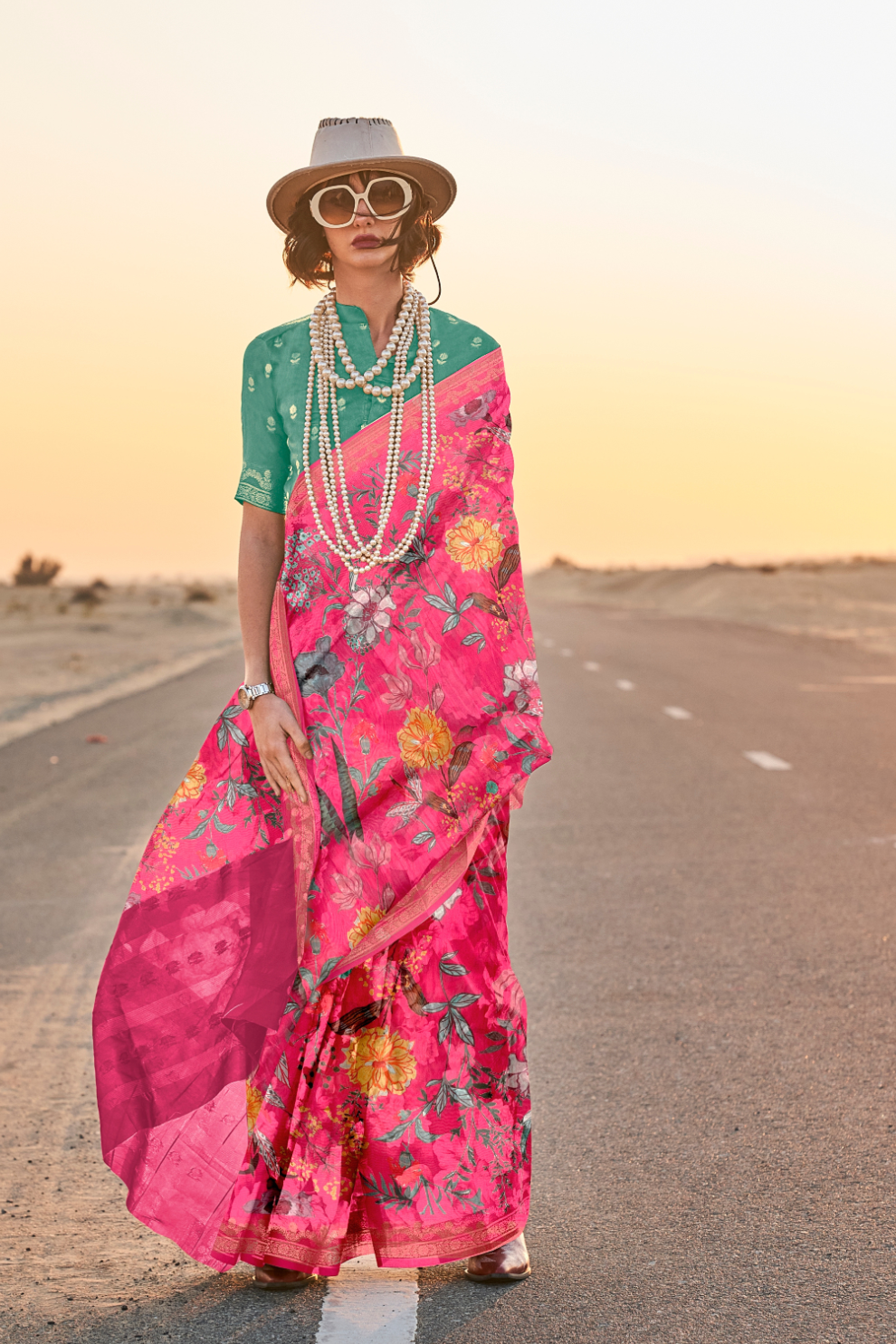 Printed Tussar Silk Saree with Elegant Artistic Patterns