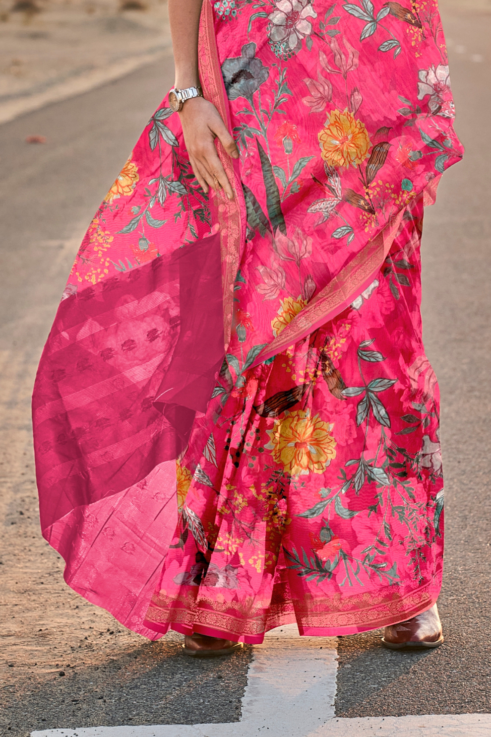 Printed Tussar Silk Saree with Elegant Artistic Patterns