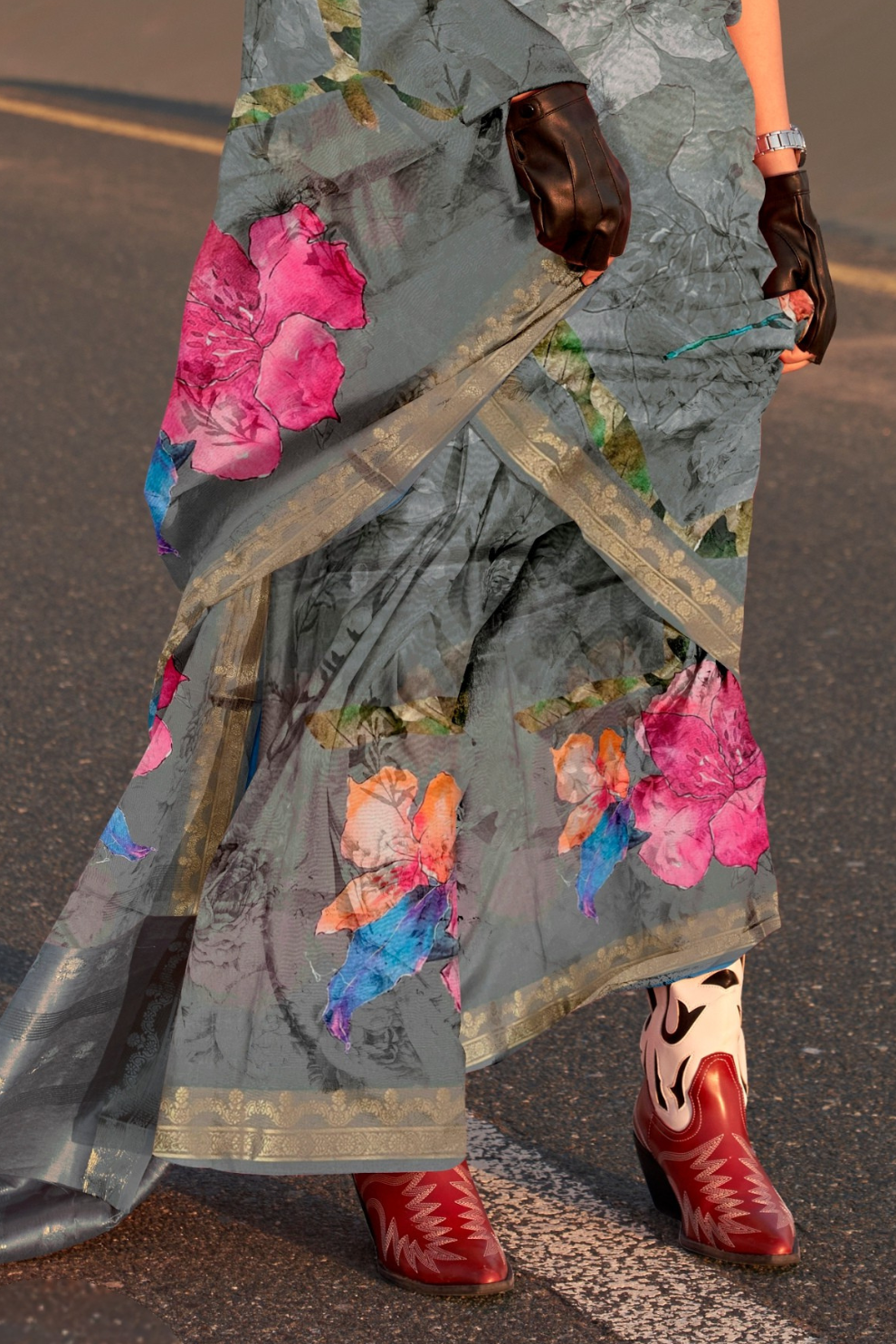 Printed Tussar Silk Saree with Elegant Artistic Patterns