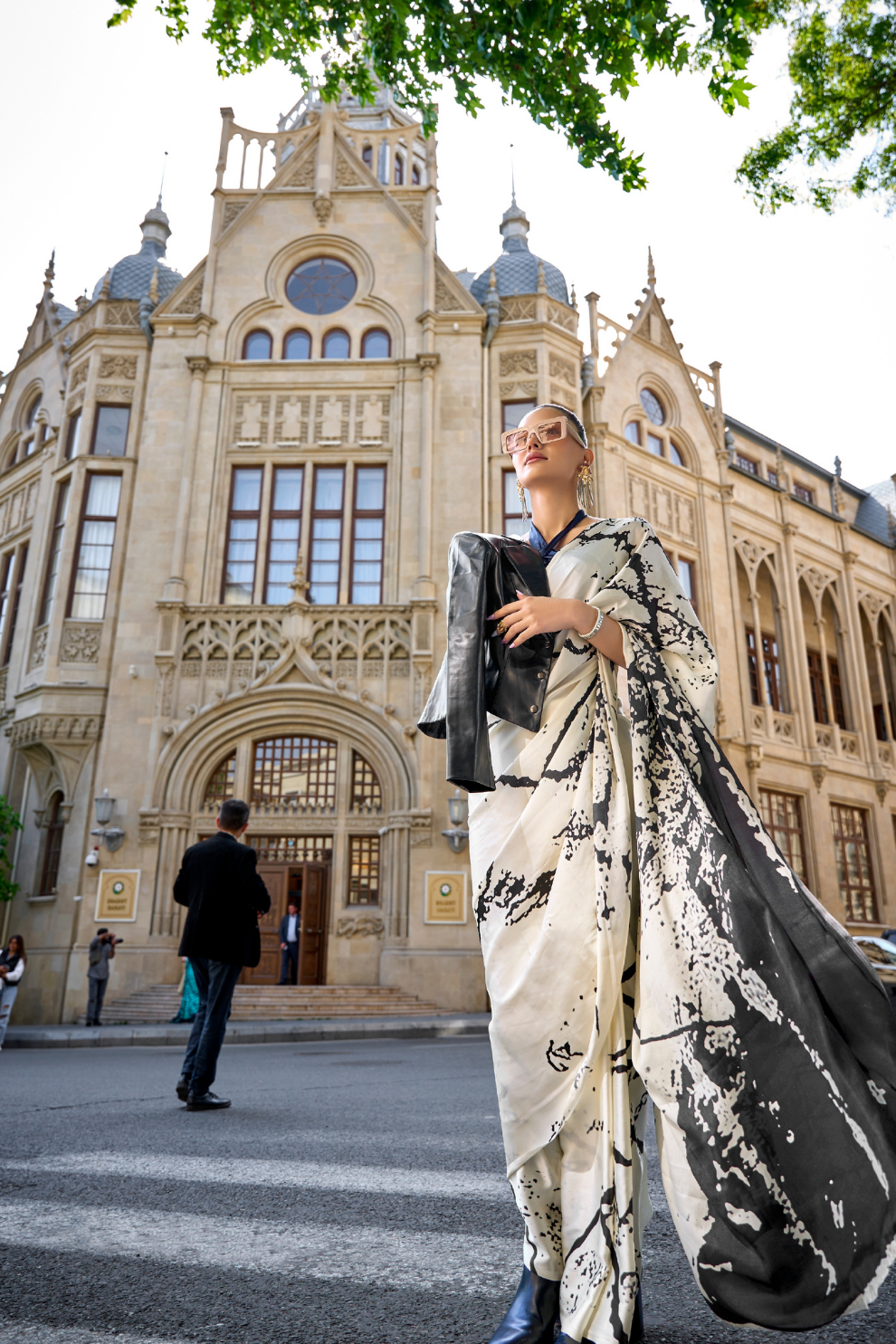 Printed Satin Creep Saree with Smooth Modern Style Finish