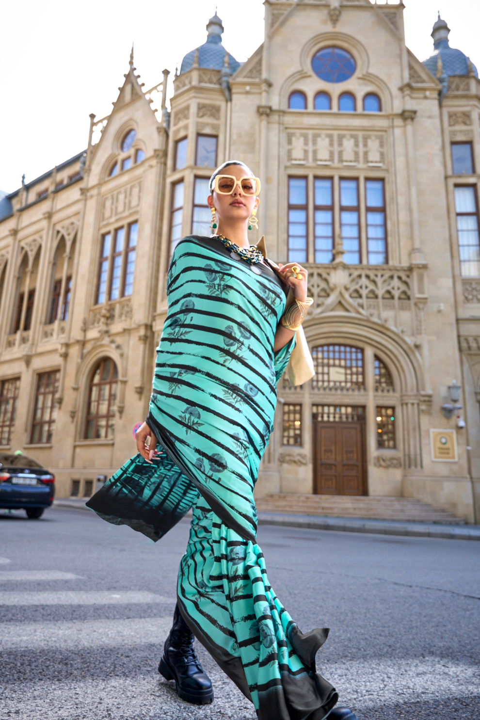 Printed Satin Creep Saree with Smooth Modern Style Finish