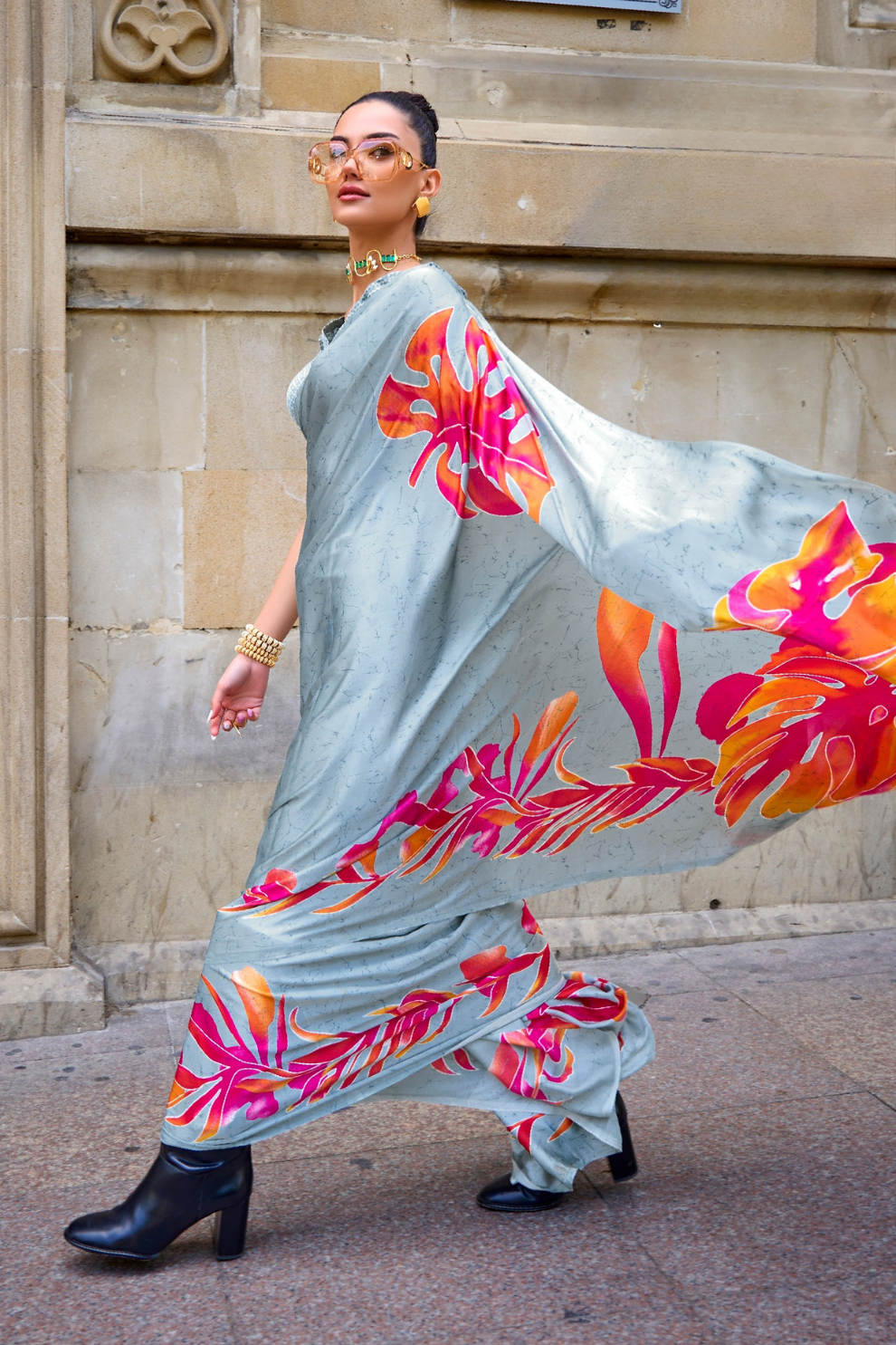 Printed Satin Creep Saree with Smooth Modern Style Finish