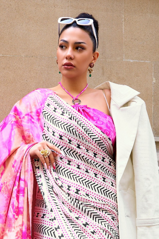 Printed Satin Creep Saree with Smooth Modern Style Finish