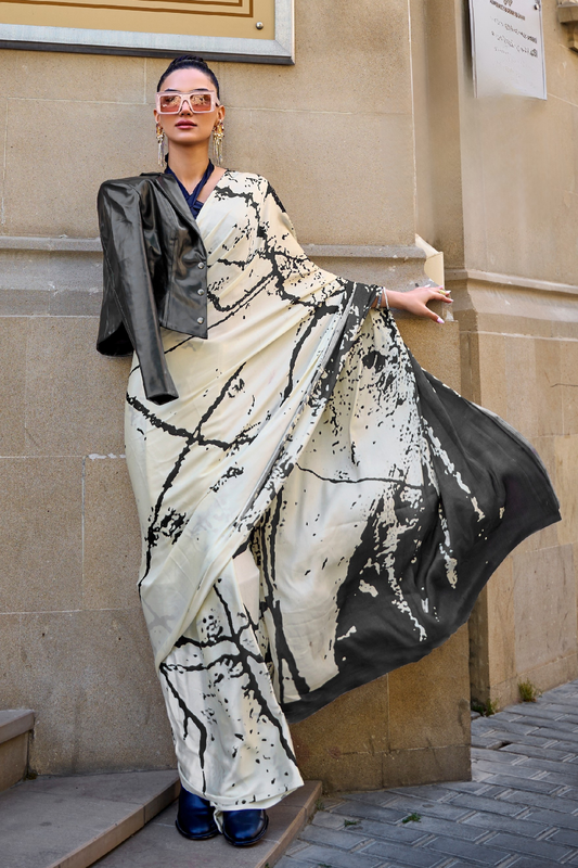 Printed Satin Creep Saree with Smooth Modern Style Finish
