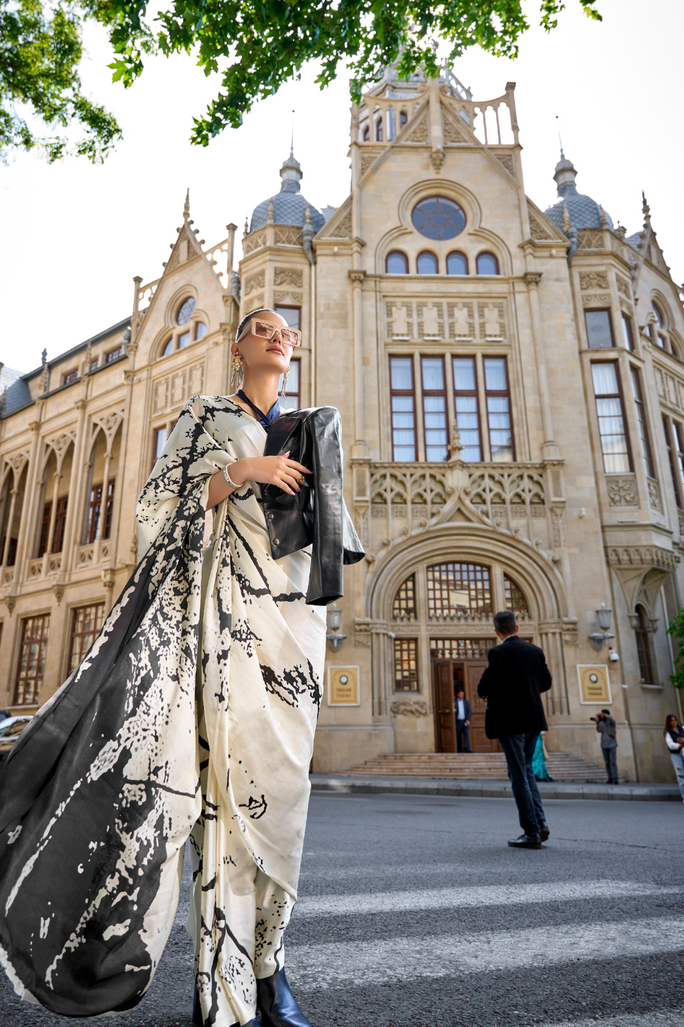 Printed Satin Creep Saree with Smooth Modern Style Finish