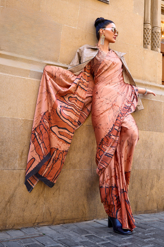 Printed Satin Creep Saree with Smooth Modern Style Finish