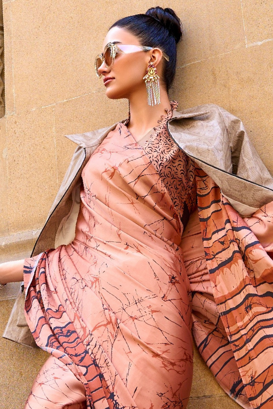 Printed Satin Creep Saree with Smooth Modern Style Finish
