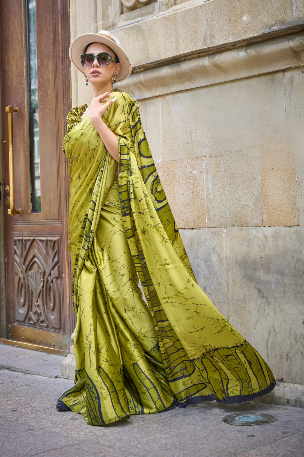 Printed Satin Creep Saree with Smooth Modern Style Finish