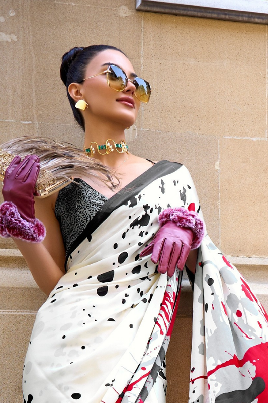 Printed Satin Creep Saree with Smooth Modern Style Finish