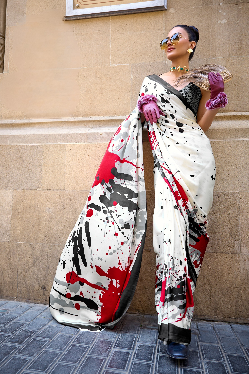 Printed Satin Creep Saree with Smooth Modern Style Finish