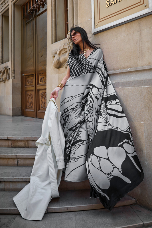 Printed Satin Creep Saree with Smooth Modern Style Finish