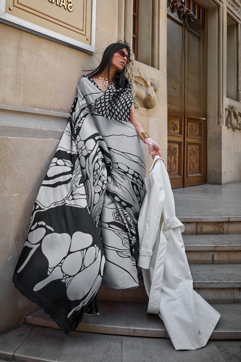 Printed Satin Creep Saree with Smooth Modern Style Finish