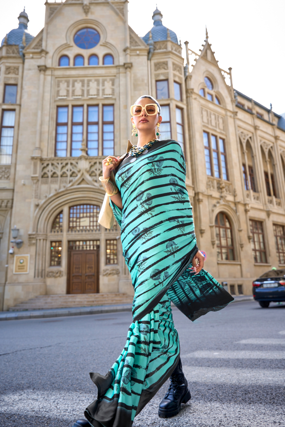 Printed Satin Creep Saree with Smooth Modern Style Finish