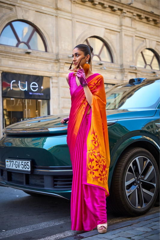 Printed Satin Crepe Saree with Soft Silky Fall and Shine