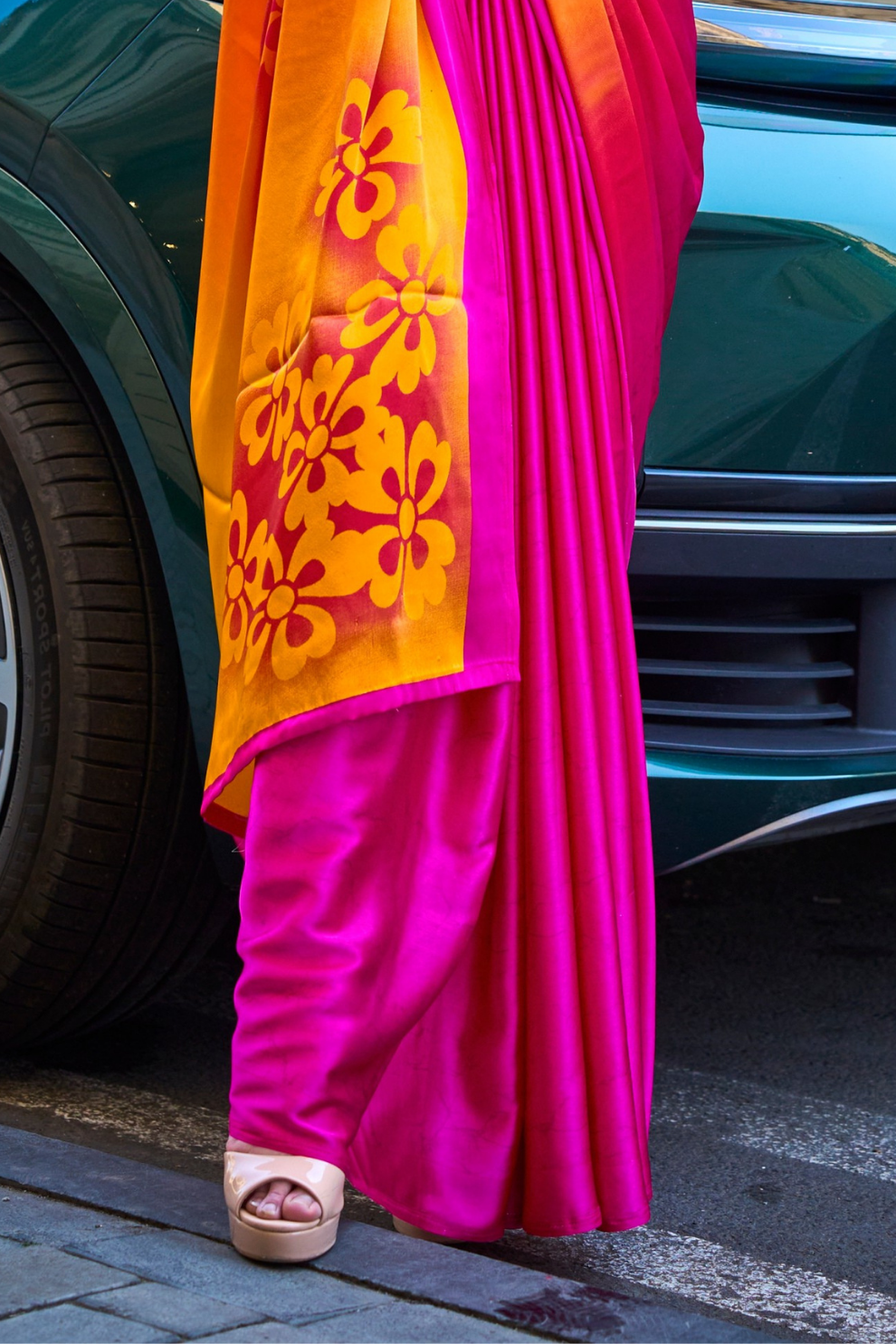 Printed Satin Crepe Saree with Soft Silky Fall and Shine