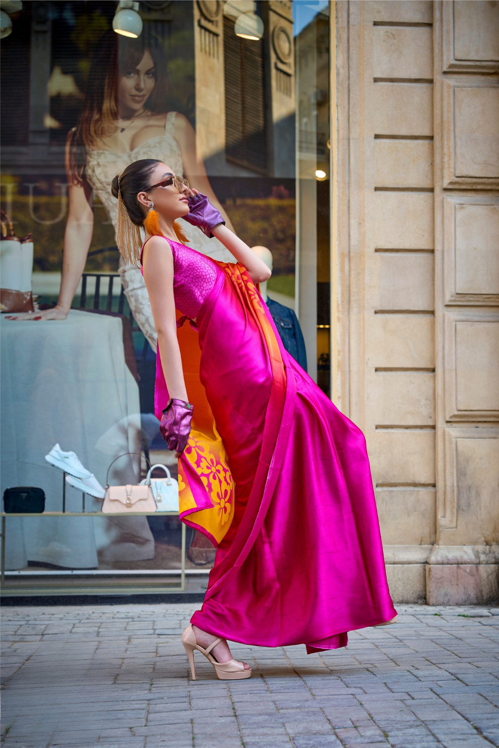 Printed Satin Crepe Saree with Soft Silky Fall and Shine