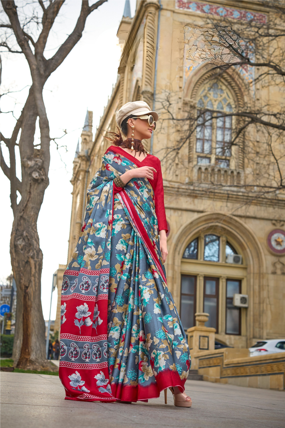 Printed Satin Crepe Saree with Soft Silky Fall and Shine