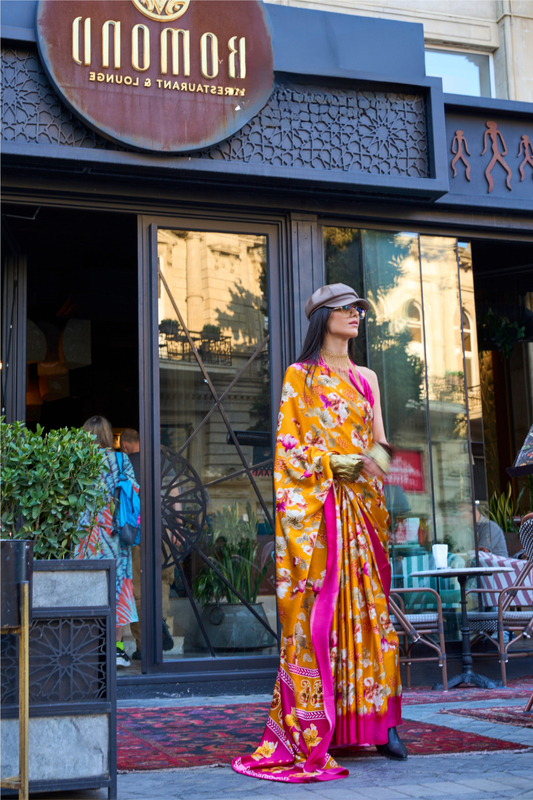 Printed Satin Crepe Saree with Soft Silky Fall and Shine