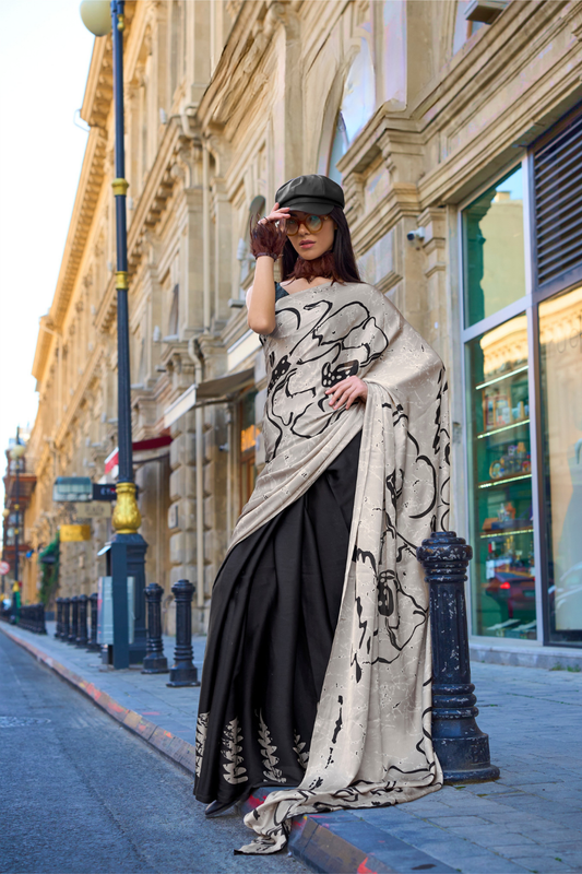 Printed Satin Crepe Saree with Soft Silky Fall and Shine