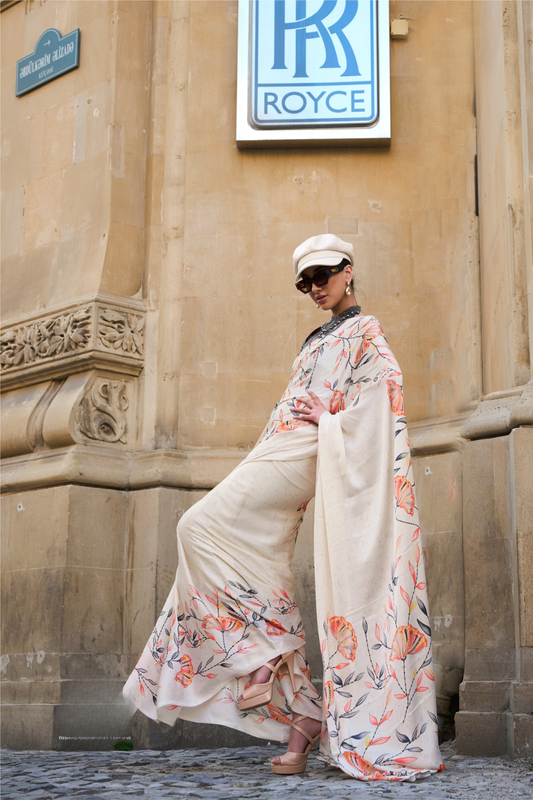 Printed Satin Crepe Saree with Soft Silky Fall and Shine