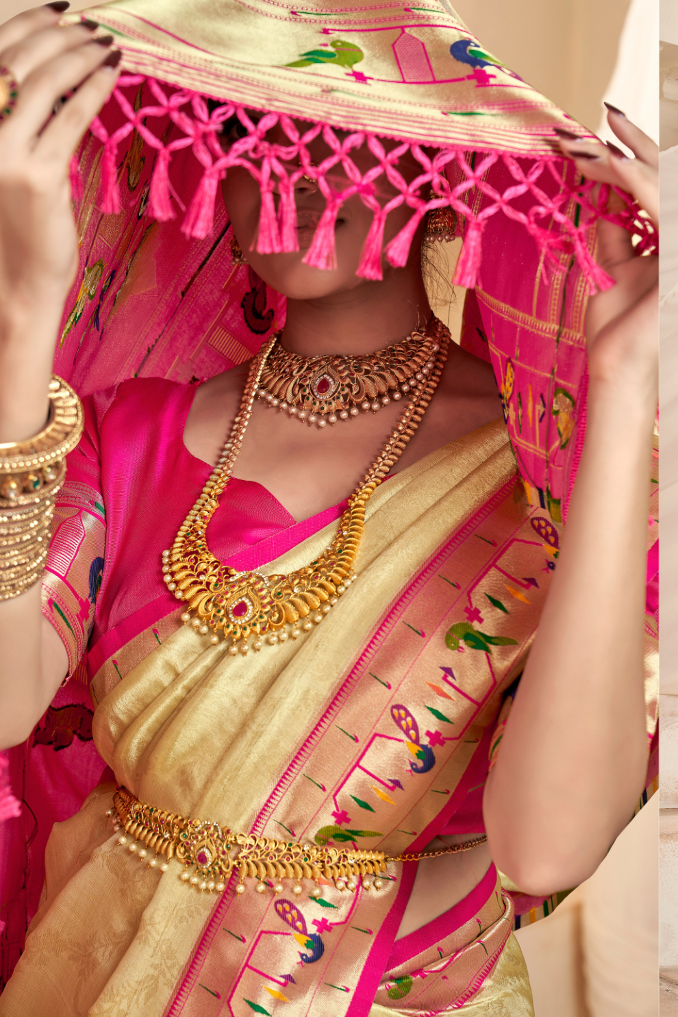 Pure Paithani Tissue Silk Saree with Rich Zari Border - LaVante Fashion