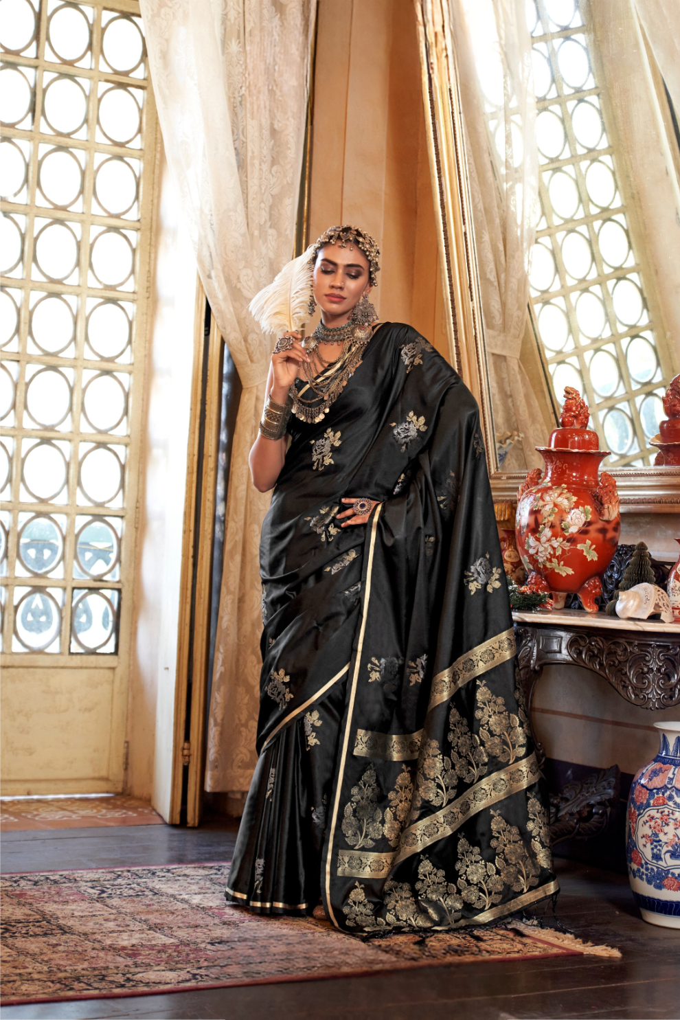 Zari Woven Banarasi Satin Silk Saree with Glossy Rich Finish