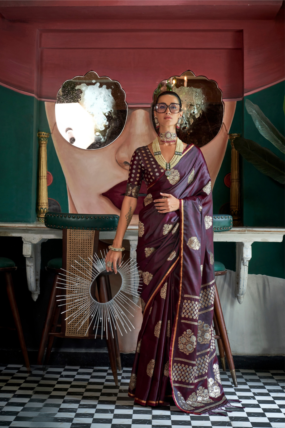 Banarasi Satin Silk Saree with Dual Zari Motifs Finish