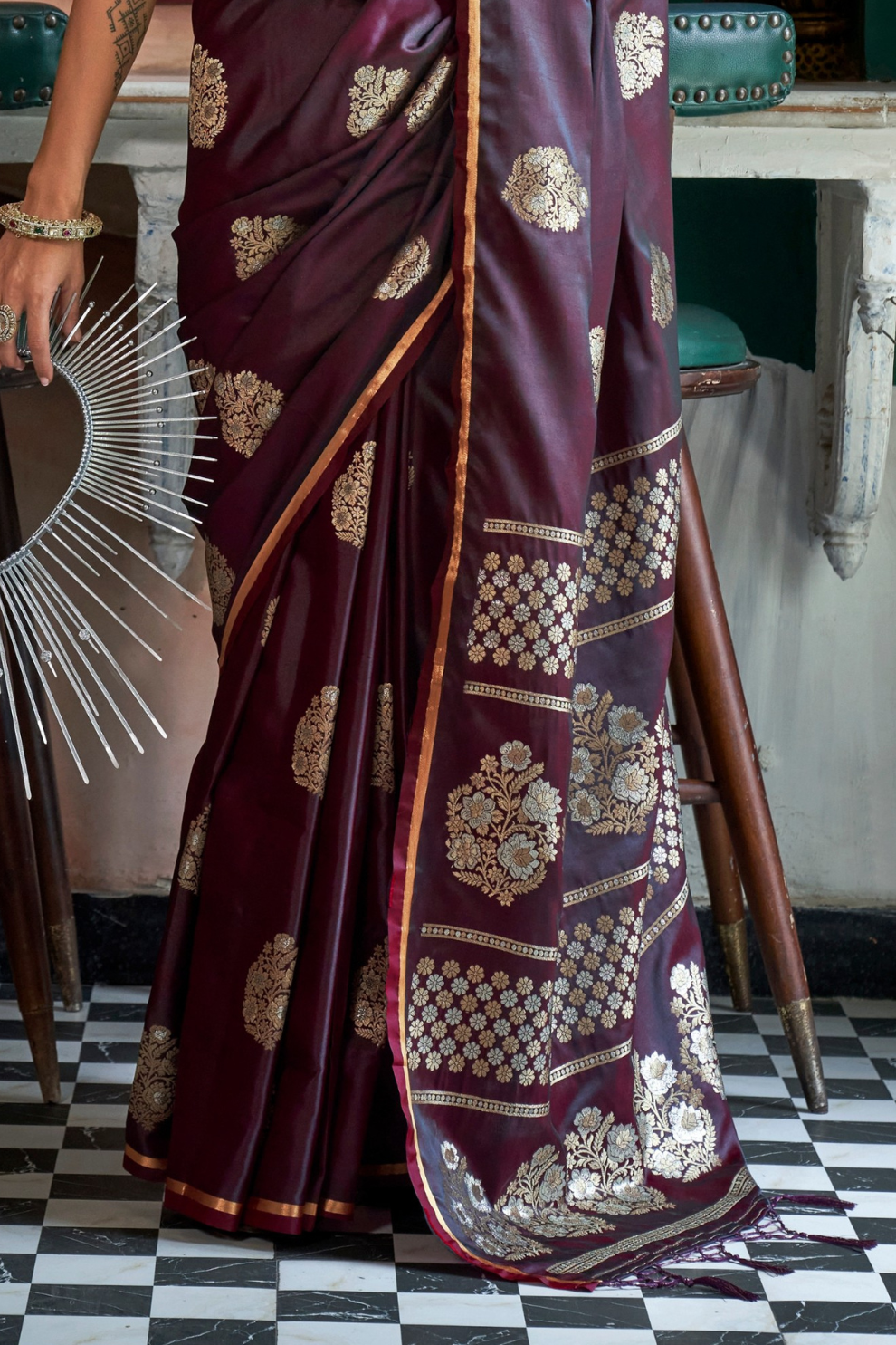 Banarasi Satin Silk Saree with Dual Zari Motifs Finish