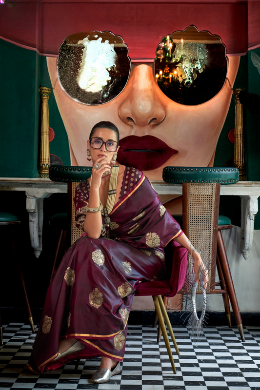 Banarasi Satin Silk Saree with Dual Zari Motifs Finish