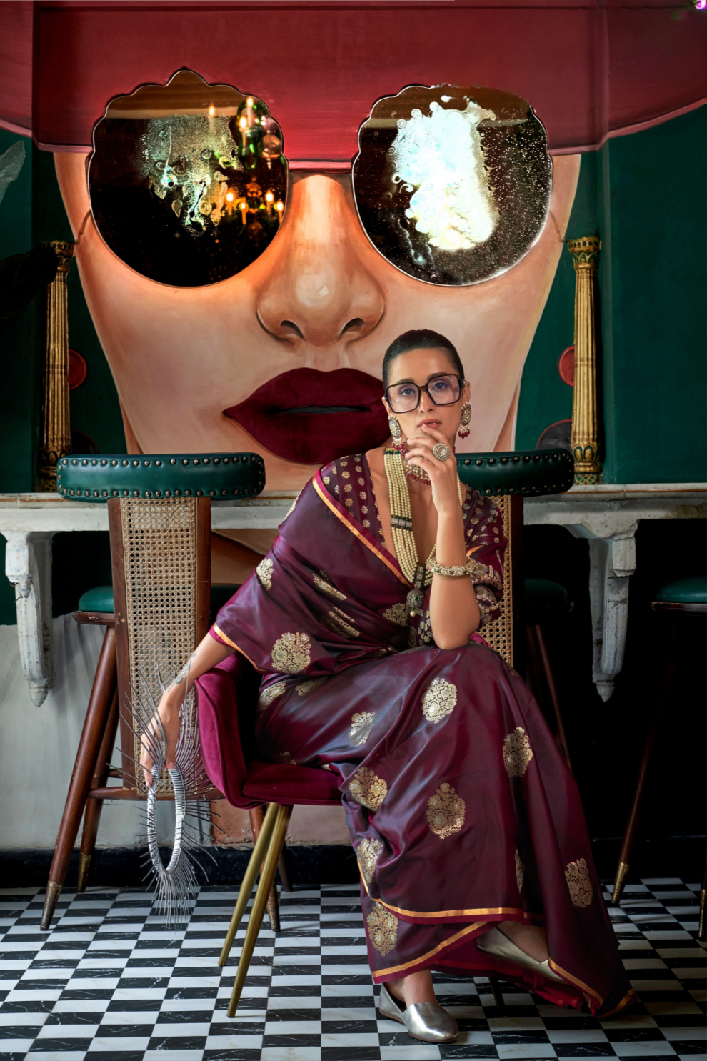 Banarasi Satin Silk Saree with Dual Zari Motifs Finish