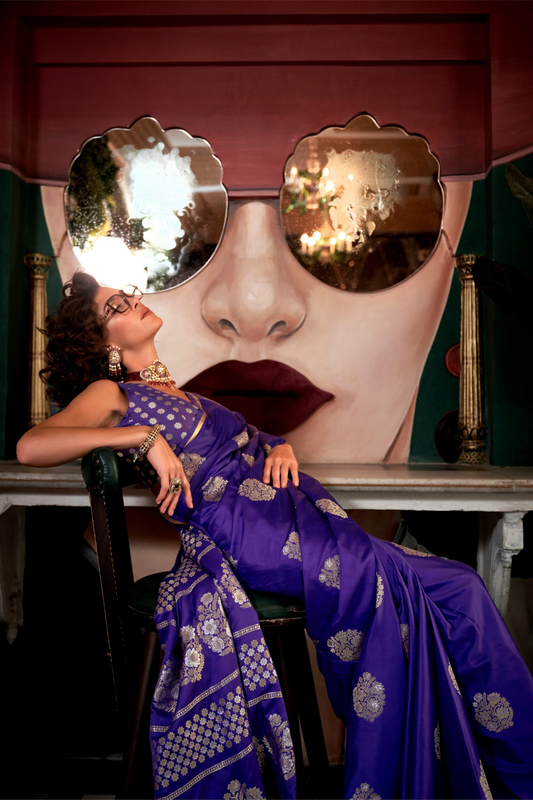 Banarasi Satin Silk Saree with Dual Zari Motifs Finish