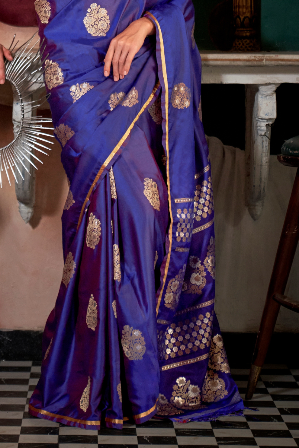 Banarasi Satin Silk Saree with Dual Zari Motifs Finish