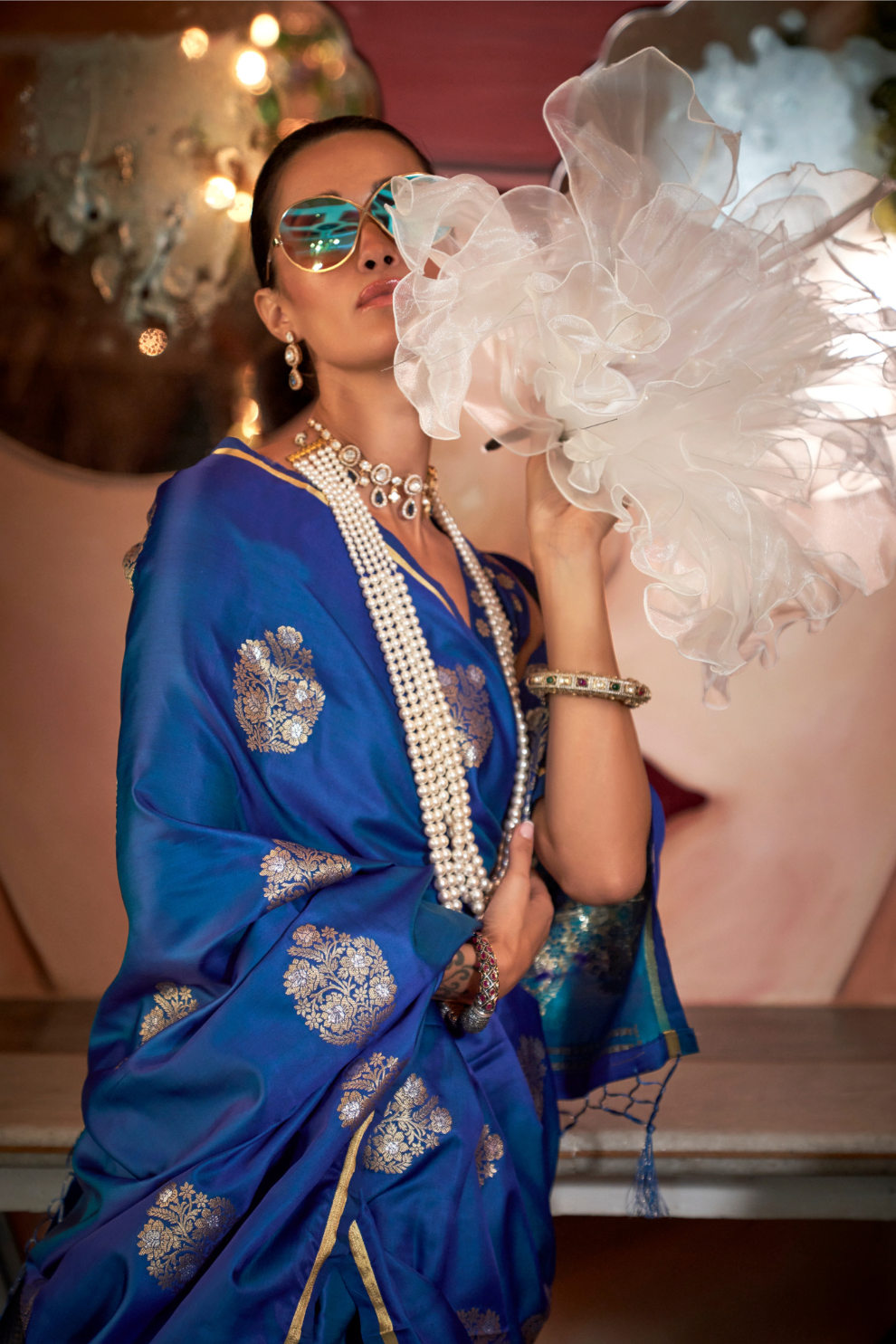 Banarasi Satin Silk Saree with Dual Zari Motifs Finish