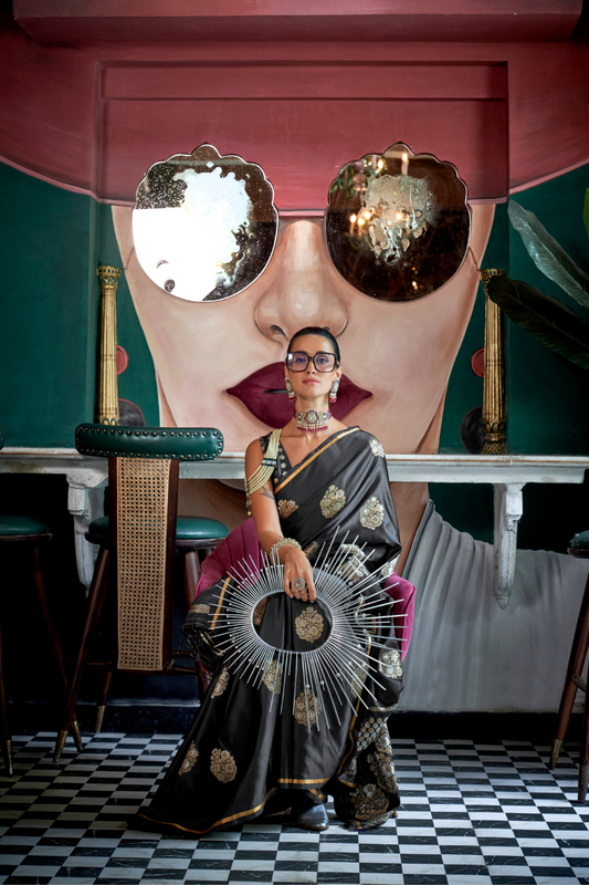 Banarasi Satin Silk Saree with Dual Zari Motifs Finish