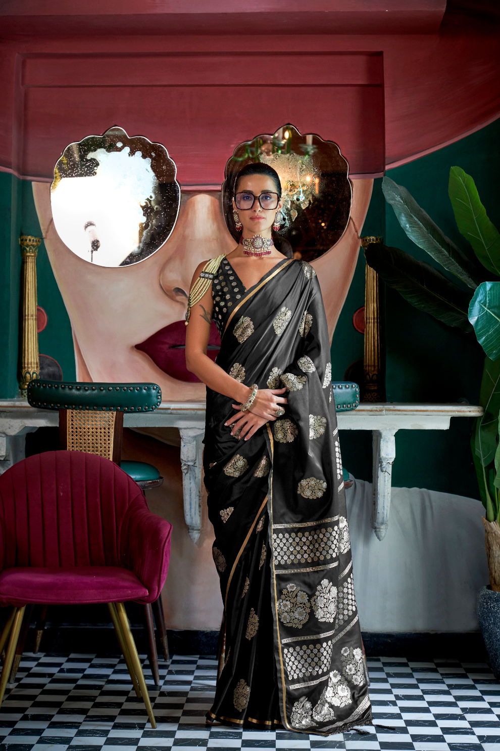 Banarasi Satin Silk Saree with Dual Zari Motifs Finish