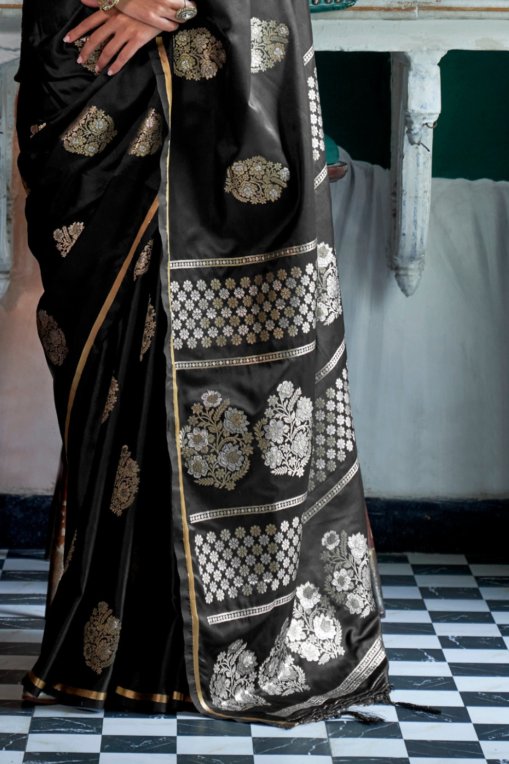 Banarasi Satin Silk Saree with Dual Zari Motifs Finish